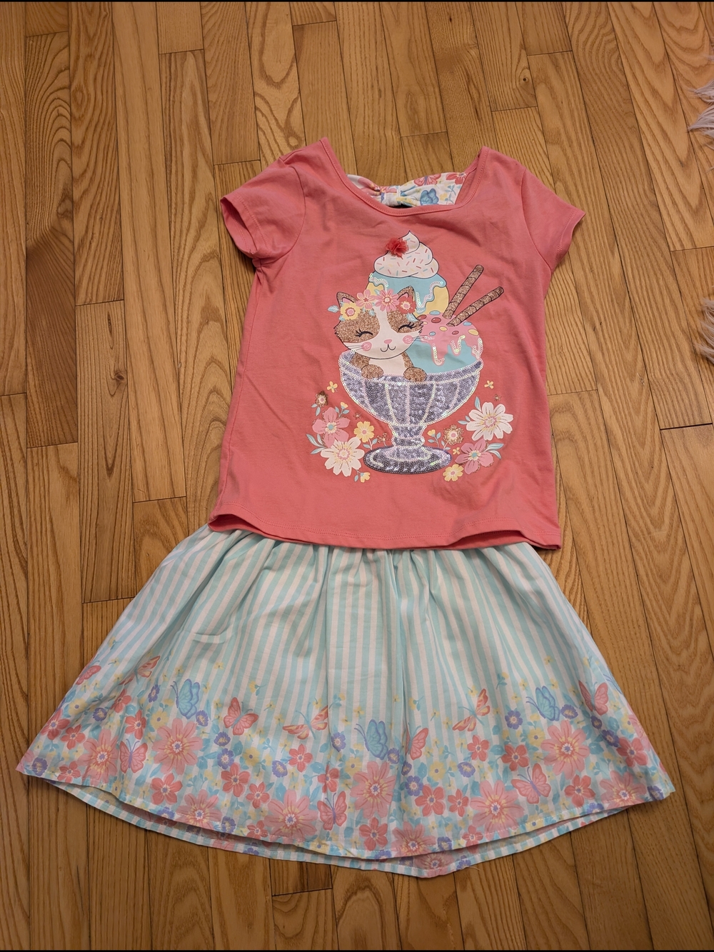 Girls Coral Pink Graphic Butterfly Top and Mint Floral Skirt Set